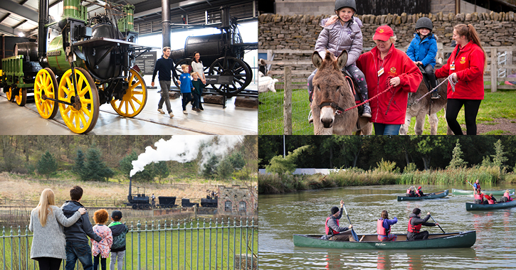 family at Locomotion Museum, boy and girl riding donkeys at Hall Hill Farm, family at Beamish Museum and family canoeing at TCR Hub